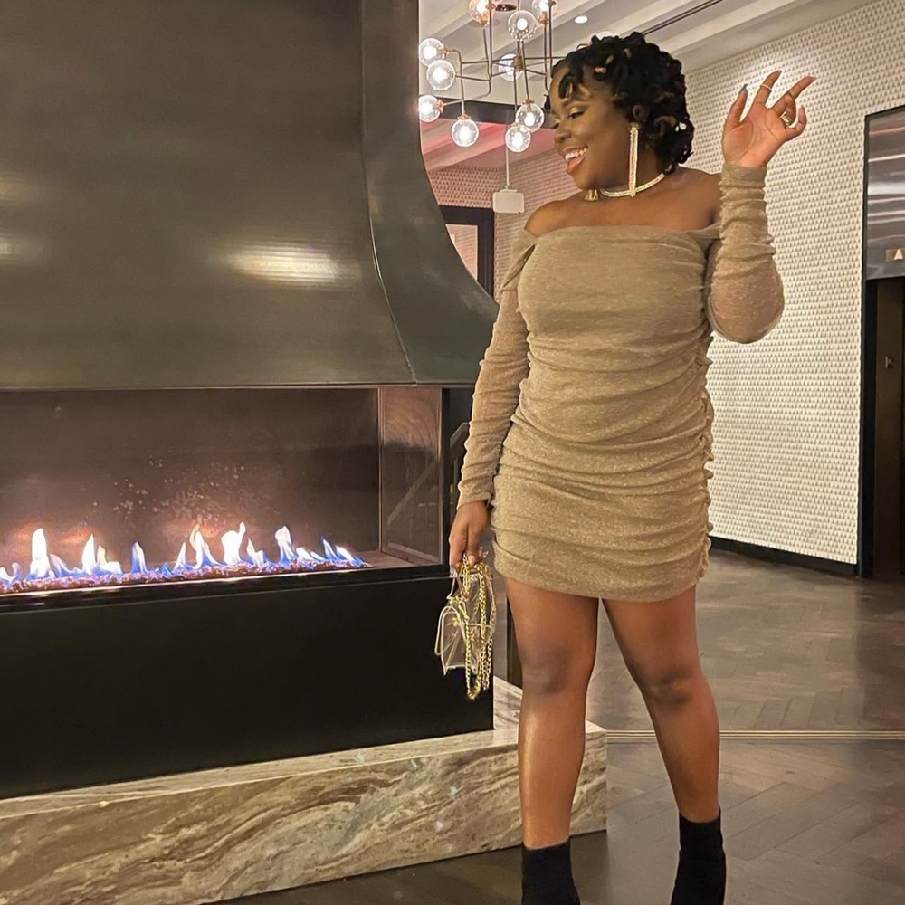 Elegant Tan Off-Shoulder Dress